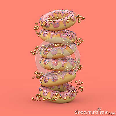 Big Strawberry Pink Glazed Donut with Color Sprinkles. 3d Rendering Stock Photo