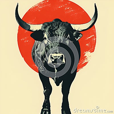 A big strong black bull against the background of a red sun. Stock Photo