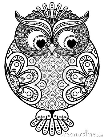Big stylized ornate rounded owl Vector Illustration