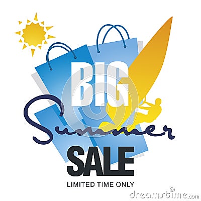 Big summer sale bag windsurf board sun card blue background vector Stock Photo