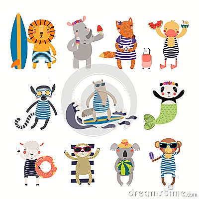 Big summer set with cute animals Vector Illustration