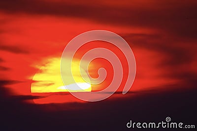 Big sun sunset sky orange sky red sunright outdoor summer nature landscape backgound Stock Photo