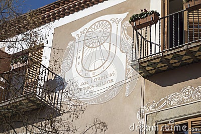 Big sundial facade building in Mataro,Spain. Editorial Stock Photo