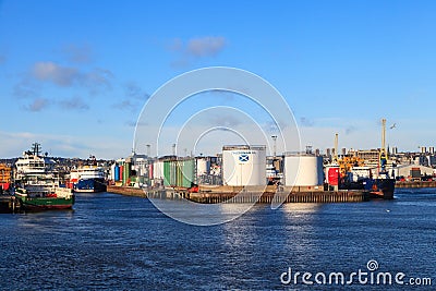 Big supply boats in Aberdeen harbor on 30 January 2016. Editorial Stock Photo