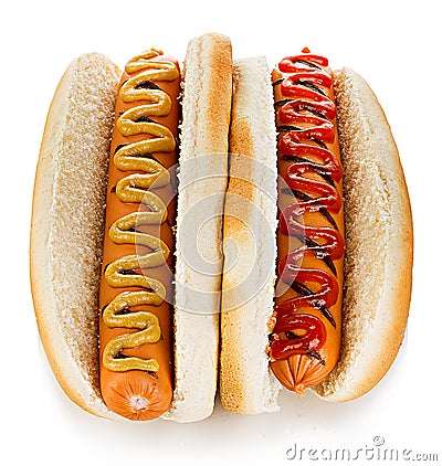 Big tasty appetizing Hot dogs close-up on a white background. Fastfood Stock Photo