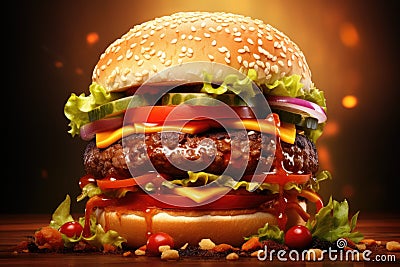Big tasty cheeseburger with fresh vegetables on wooden table, closeup, Big fastfood tasty restaurant burger hamburger cheeseburger Stock Photo