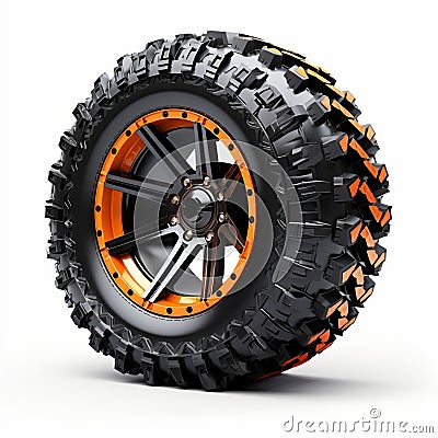 Highly Realistic Orange And Black Mud Tire With Orange Wheels Stock Photo