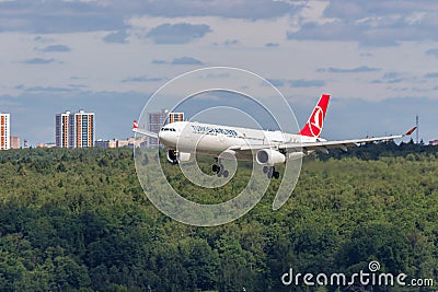 Moscow, Russia - 07/02/2018: Airbus A330 `THY Turkish Airlines` lands at Moscow Vnukovo Airport Editorial Stock Photo