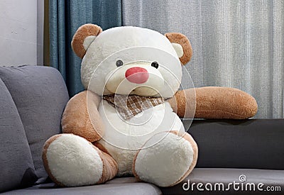 Big toy bear doll sitting and relaxing alone on big sofa Stock Photo