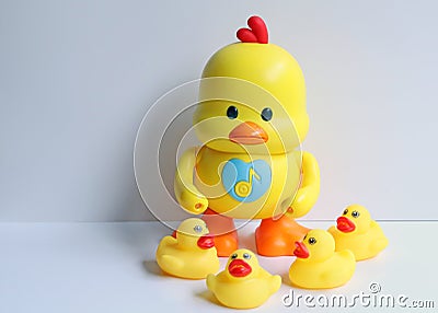 Big toy duck yellow with small duck yellow made from plastic for children, has a music and can dancing. Funny toy for development Stock Photo
