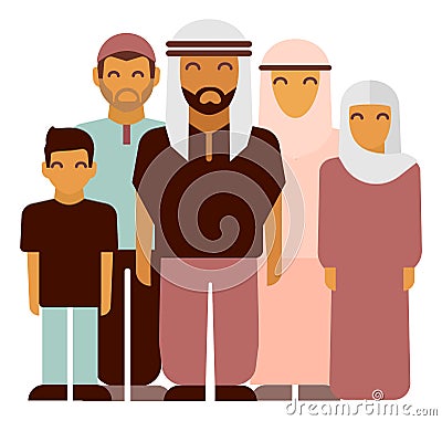 Big traditional family. Muslim parents standing with children Vector Illustration