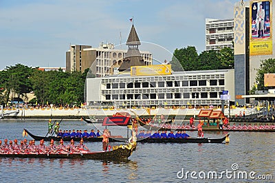 Big training of the Royal Barges Procession, the last royal ceremony of the Royal Coronation Ceremony Of King Rama X Editorial Stock Photo