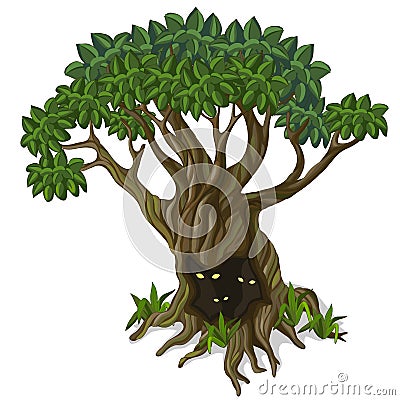Big tree with creatures looking out of the hollow Vector Illustration