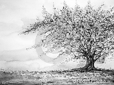 Big tree in grass field and sky, watercolor painting on paper hand drawn Stock Photo