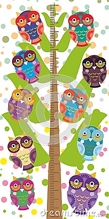 Big tree with green branches and fun colored owls on white background Children height meter wall sticker, kids measure. Vector Vector Illustration