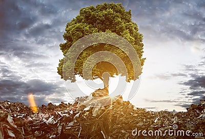 Tree grows between Mountains of Trash Stock Photo