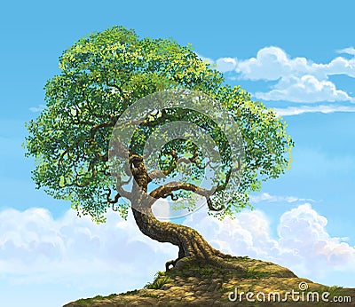 A big tree on hill Cartoon Illustration