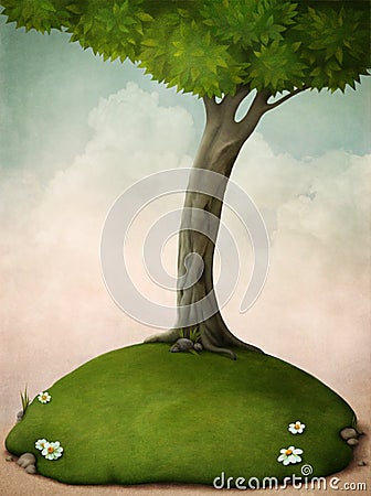 Big tree on the lawn. Cartoon Illustration