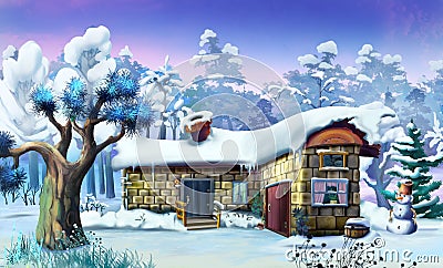 Big Tree Near Old Wooden House in a Winter Forest Cartoon Illustration