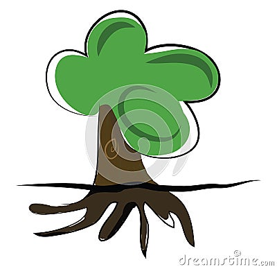 Clipart of a big tree with green leaves and anchored roots vector color drawing or illustration Vector Illustration