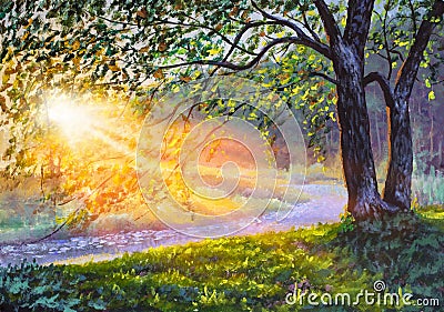 Big trees on sun russian morning on river landscape fine art hand painted acrylic painting Stock Photo