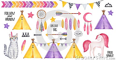Big Tribal Set with striped kitten character, smiling horse, stars, feathers, dreamcatcher, arrows, tipi tents, bunting, various s Stock Photo