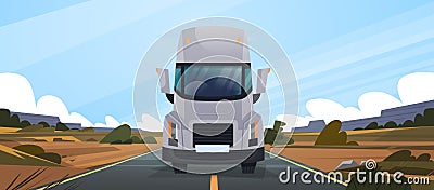 Big Truck Trailer Driving On Road In Contryside Front View of Vahicle Delivery Natural Landscape Vector Illustration