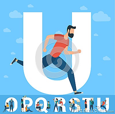 Big U letter. White letter with young people. Vector Illustration