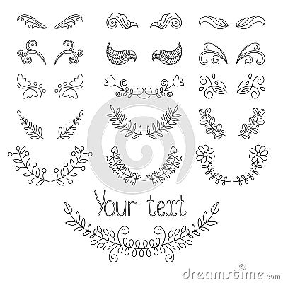 Big vector calligraphic collection and page decoration with wreaths, lines dividers. Hand drawn design elements. Vector Illustration