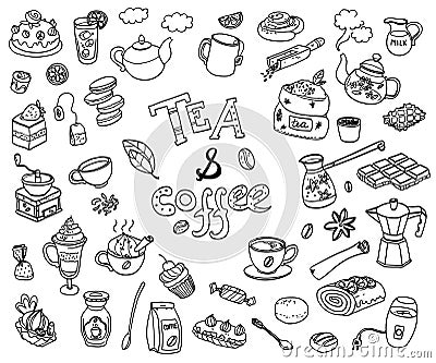 Big vector collection of doodle tae and coffee. Equipment and de Vector Illustration