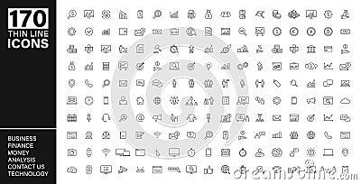 Big vector collection of 170 thin line Web icon. Business, contact us, money, analysis, banking, technology, social media. Set Vector Illustration