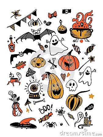 Big vector colorful set with Halloween elements, including pumpkins, mushrooms, sweets, skulls, bats, poison, ghosts. Vector Illustration