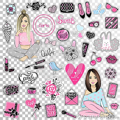 Big Vector kit of fashion patches on transparent background. Set Vector Illustration