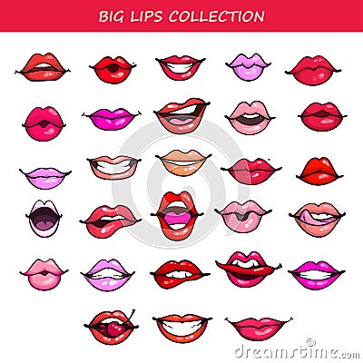 Big Vector lips set comic fashion emotions pop art style different color lipstick cosmetics isolated on white background Vector Illustration