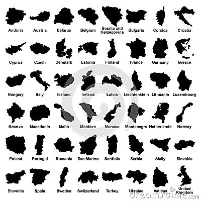 Big vector set of all Europe states, countries on white background. High detailed editable illustration of Europe maps. Vector Illustration