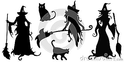 Big vector set with black silhouettes of witches and cats Vector Illustration