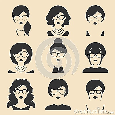 Big vector set of different women app icons in glasses in flat style. Female faces or heads images. Vector Illustration