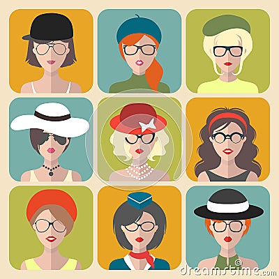 Big vector set of different women app icons in glasses and hats in flat style. Vector Illustration