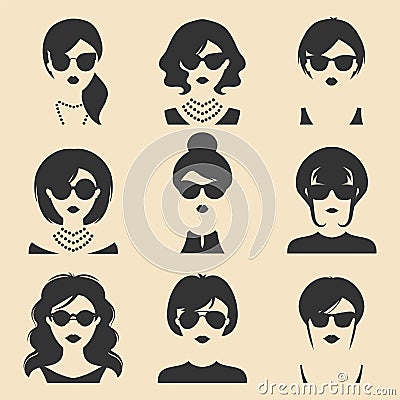 Big vector set of different women app icons in sunglasses in flat style. Female faces or heads images. Vector Illustration