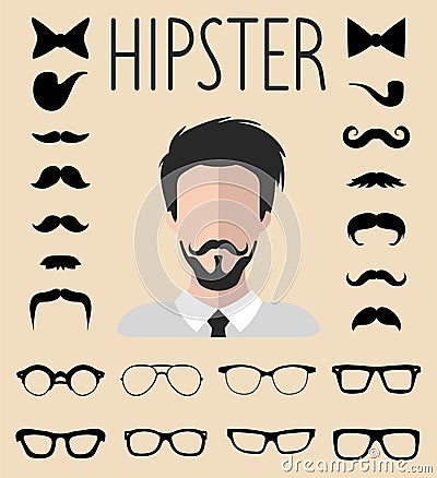 Big vector set of dress up constructor with different men hipster glasses, mustache. Male faces icon creator. Vector Illustration