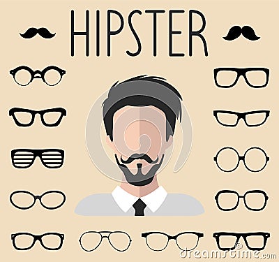 Big vector set of dress up constructor with different men hipster glasses, mustache. Male faces icon creator. Vector Illustration