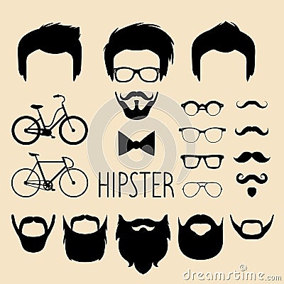 Big vector set of dress up constructor with different men hipster haircuts, glasses, beard etc. Male faces icon creator. Vector Illustration