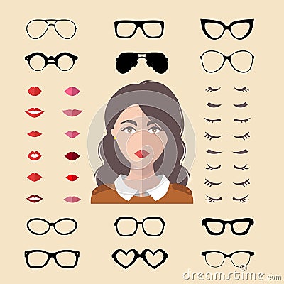 Big vector set of dress up constructor with different woman glasses, lips etc in flat style. Female faces icon creator. Vector Illustration