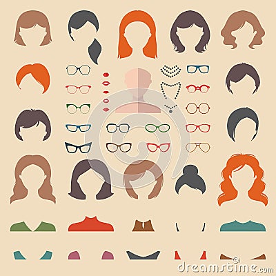 Big vector set of dress up constructor with different woman haircuts, glasses, lips etc. Flat faces icon creator. Vector Illustration