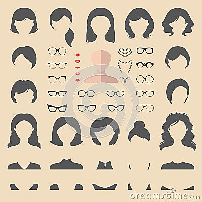 Big vector set of flat dress up constructor with different woman haircuts, glasses, lips etc. Female faces icon creator. Vector Illustration