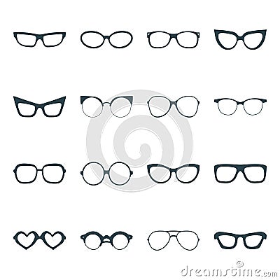 Big vector set of icons of different shapes glasses in trendy flat style. Vector Illustration