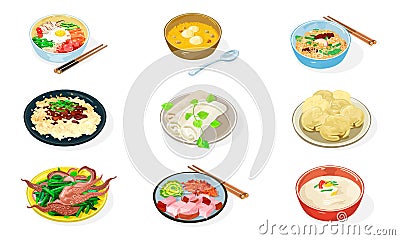 Big vector set of korean dishes in bowls, plates, sauces, condiments, chopsticks, spoons. Vector Illustration
