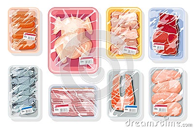 Big vector set with meat, poultry, seafood on plastic trays covered with kitchen saran film. Vector Illustration