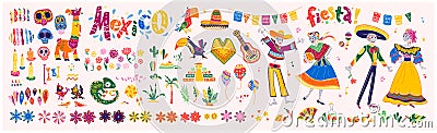 Big vector set of mexico elements, skeleton characters, animals in flat hand drawn style isolated on white background. Vector Illustration