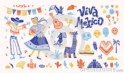 Big vector set of mexico elements, skeleton characters, animals in flat hand drawn style isolated on white background. Vector Illustration